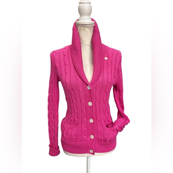 Ralph Lauren Cable Knit Cardigan Pink Pima Cotton Shawl Collar Button Front M - Picture 8 of 13